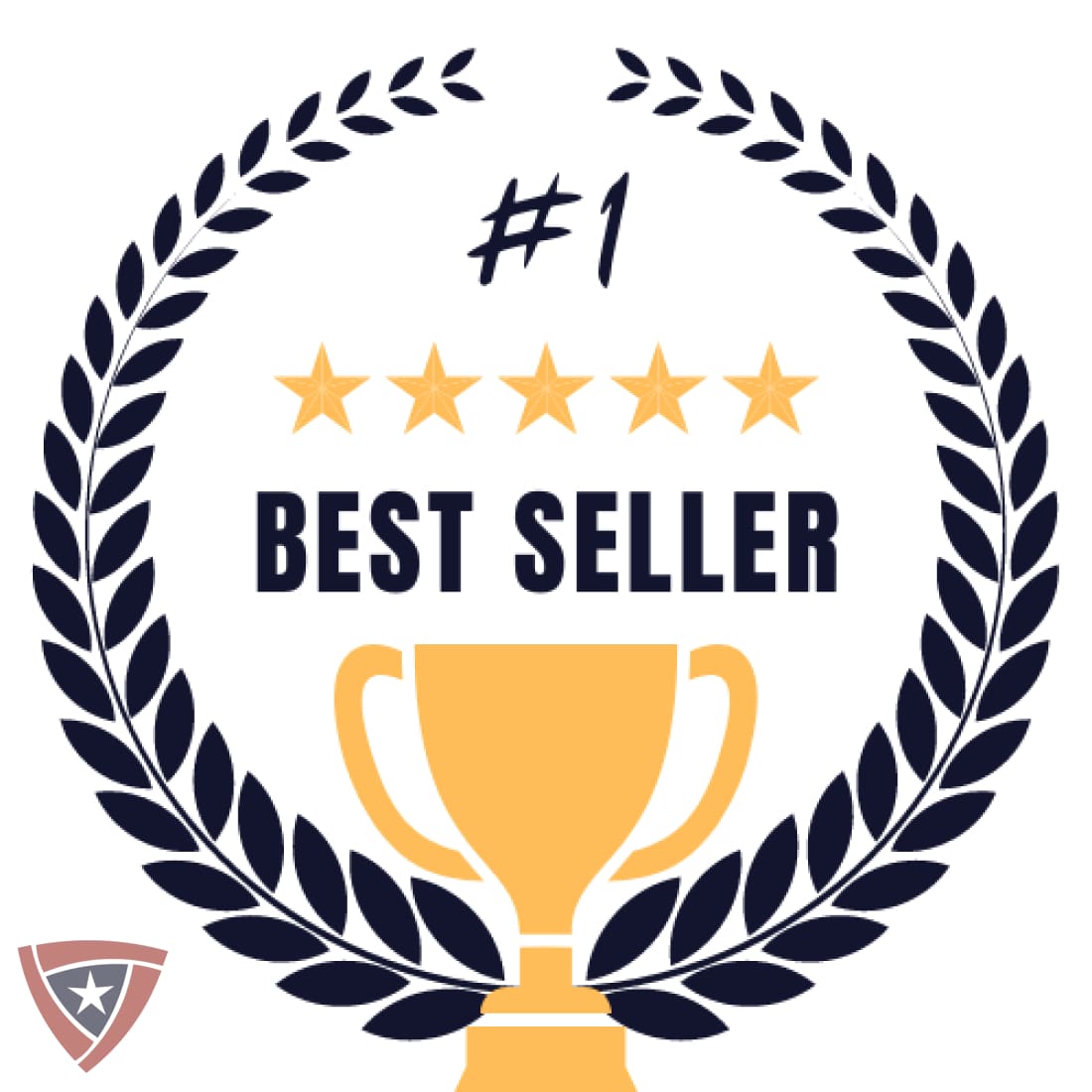 A digital graphic badge featuring a gold trophy cup, a navy blue laurel wreath, five gold stars, and the text '#1 BEST SELLER' on a white background, with a small shield logo in the bottom-left corner.