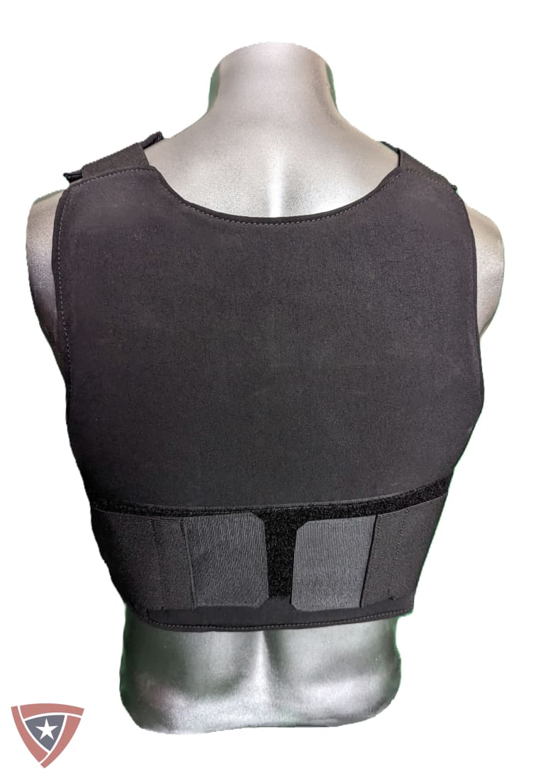 A black tactical vest or protective plate carrier displayed on a silver mannequin torso against a white background.