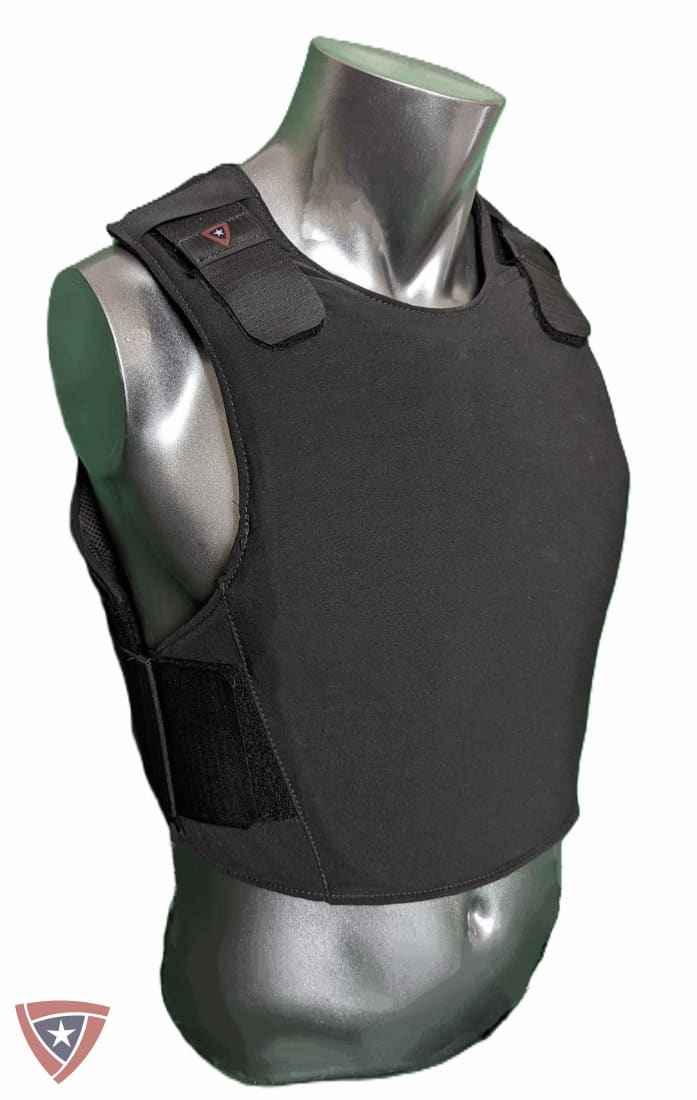 Black tactical vest displayed on a metallic green mannequin torso against a white background.