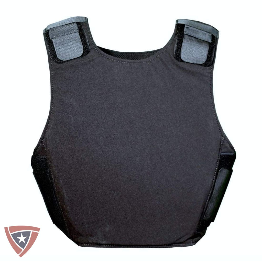 A black tactical plate carrier vest with padded shoulder panels and side bolsters, shown against a plain white background.