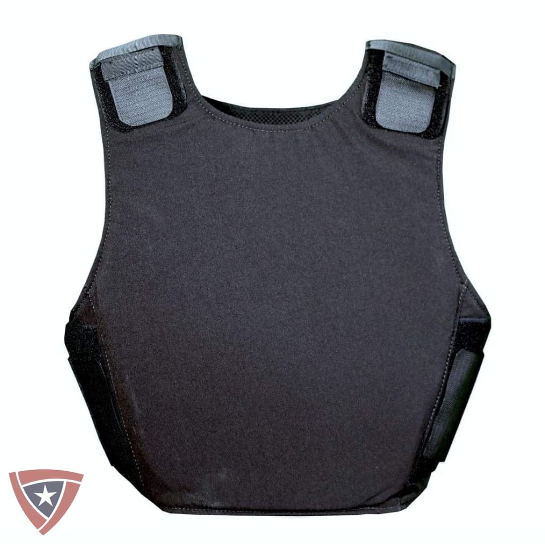 A black tactical plate carrier vest with padded shoulder panels and side bolsters, shown against a plain white background.