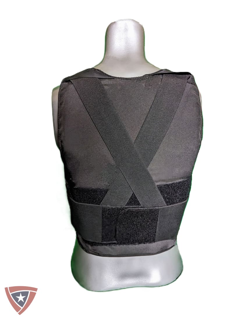 A black tactical back brace with adjustable straps and hook-and-loop closures, displayed on a gray mannequin torso against a white background.