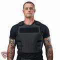 Man wearing a black tactical vest on a white background