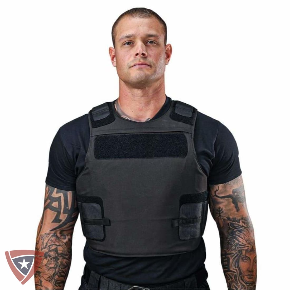 Man wearing a black tactical vest on a white background