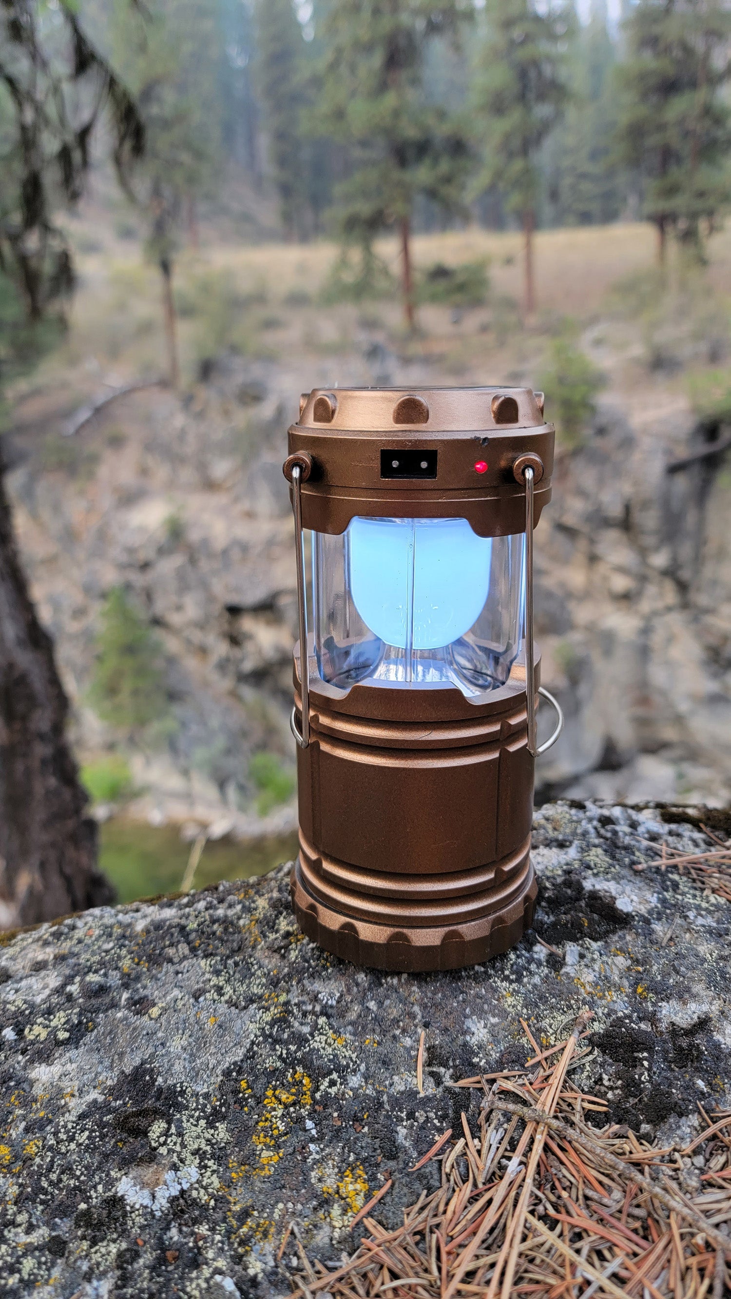 Camping lantern on a rock with a forest background