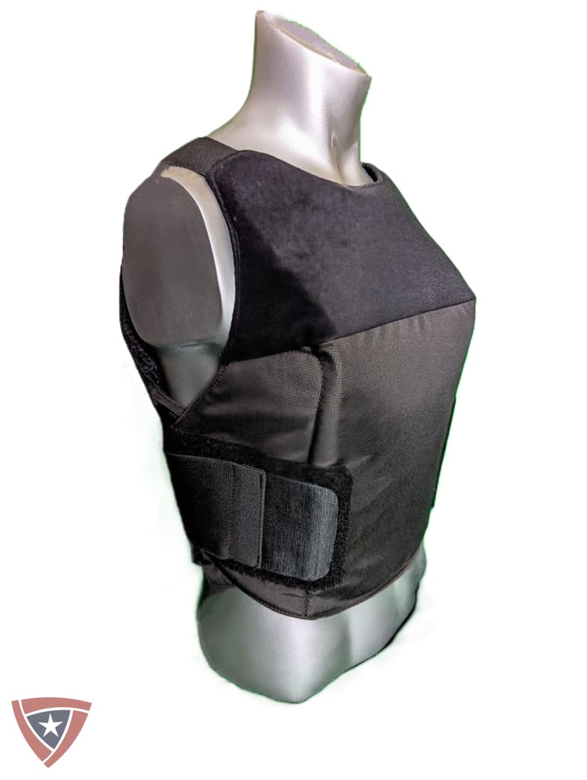 Black tactical vest or protective plate carrier displayed on a gray mannequin torso against a white background.