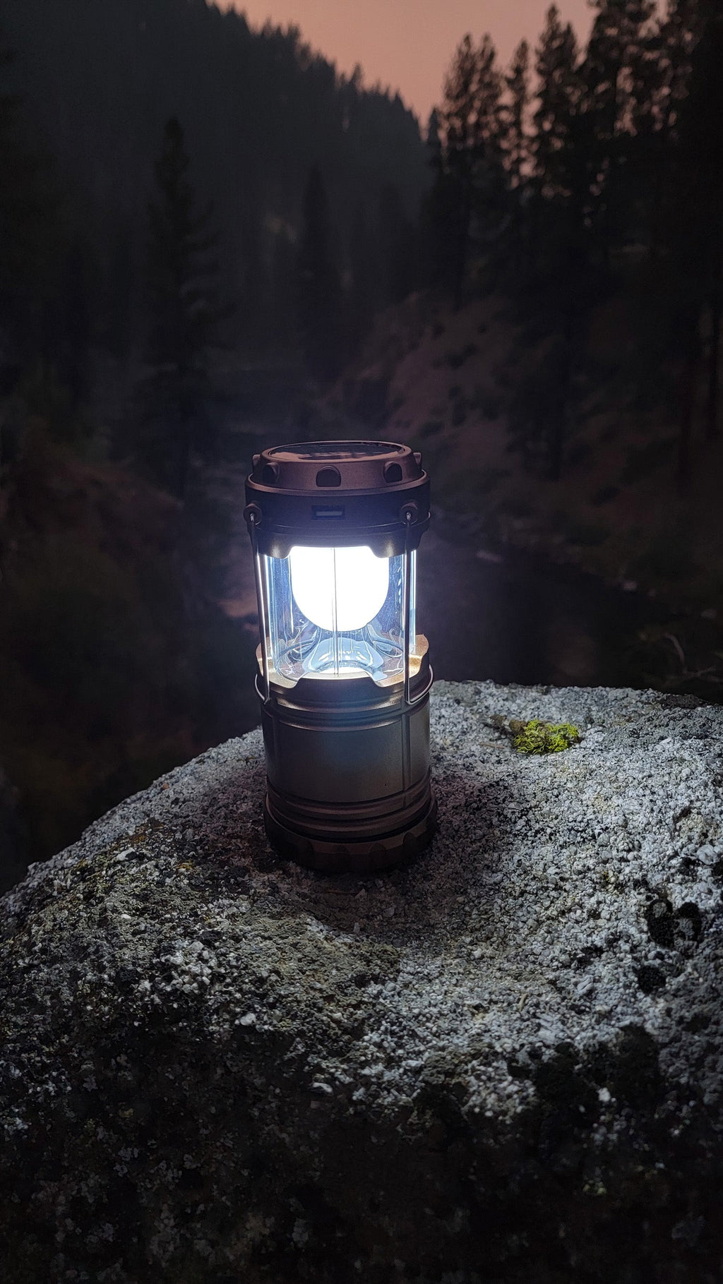 Camping lantern on a rock with a forest background