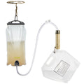 Clear plastic bag with liquid and attached hose on a white background