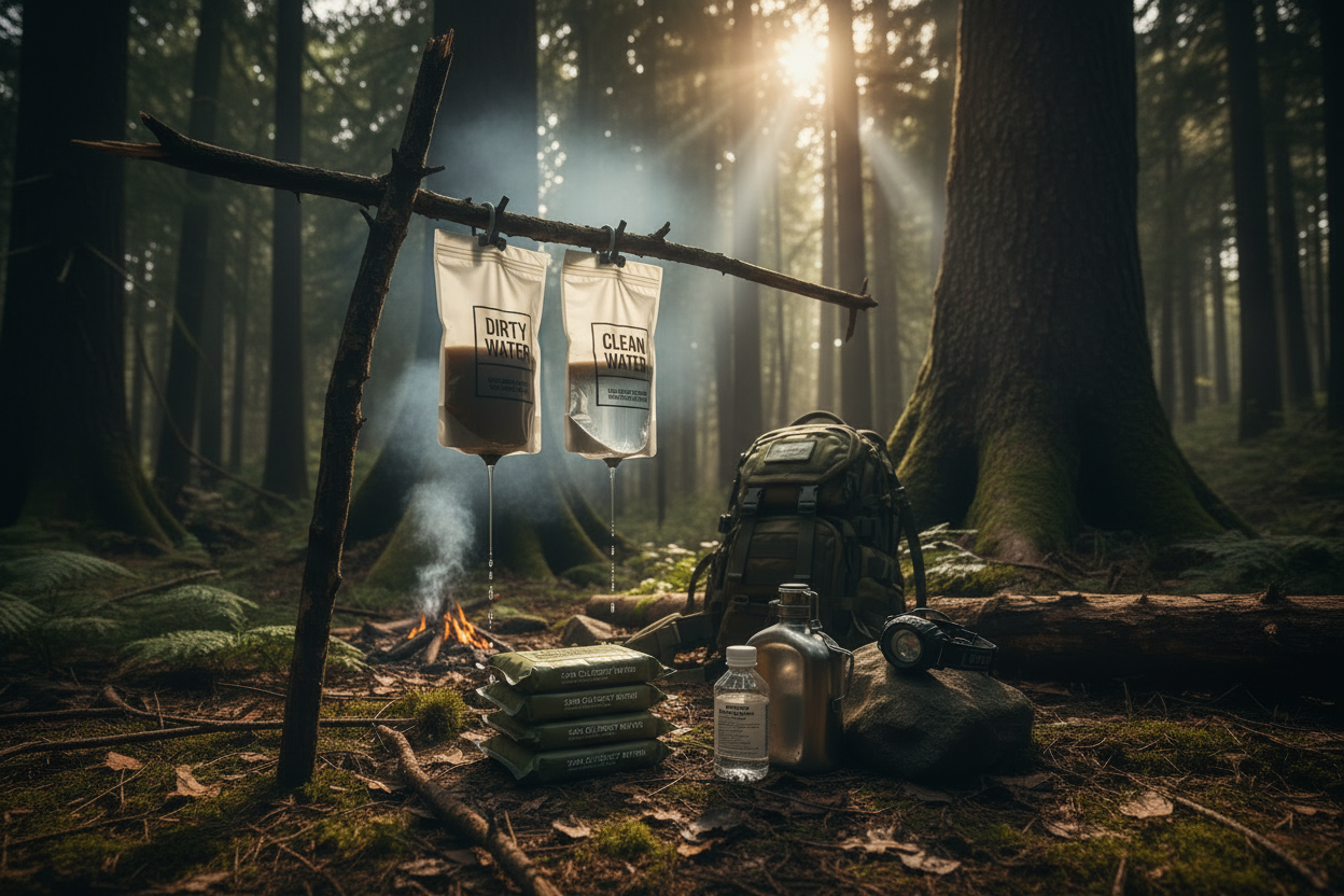 "Two water pouches hanging from a branch in a forest survival camp — one labeled 'Dirty Water' filled with murky brown water, and one labeled 'Clean Water' filled with crystal-clear water, demonstrating water filtration. MRE food rations, a tactical backpack, canteen, and flashlight are arranged on the forest floor with sunbeams filtering through the trees."