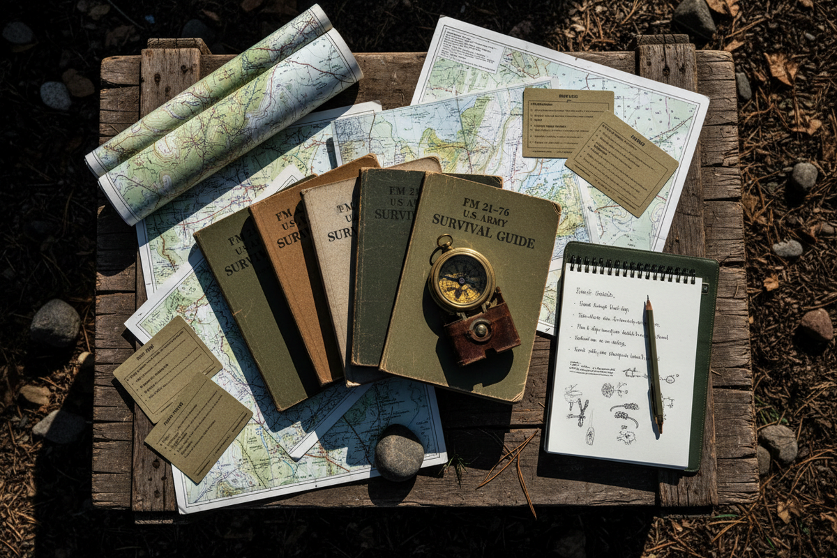 A styled flat-lay of vintage survival guides, maps, cards, a notebook with a pen, and a compass on a rustic wooden crate outdoors.