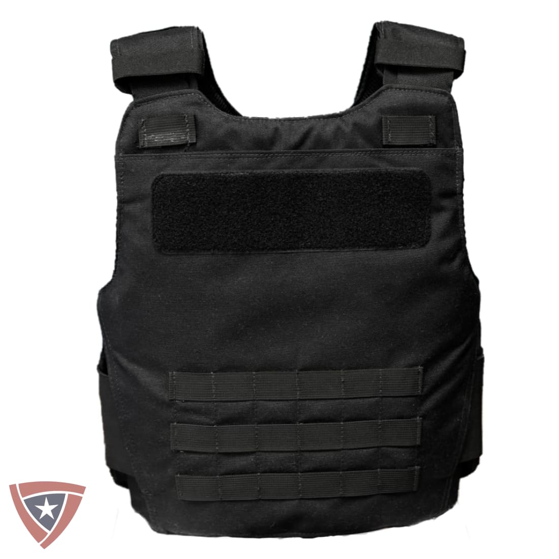 A black tactical plate carrier vest with MOLLE webbing on the front, a hook-and-loop patch panel, and padded shoulder straps, shown against a plain white background.