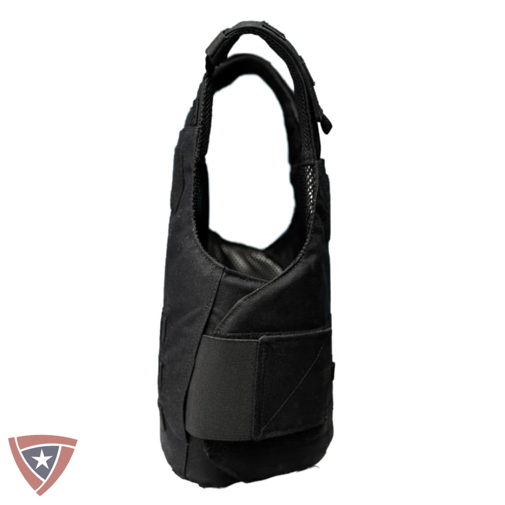 A black tactical shoulder bag with a high top handle and a front utility pocket, shown against a plain white background.