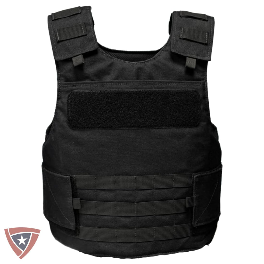 A black tactical plate carrier vest with adjustable shoulder straps, a front hook-and-loop panel, and multiple horizontal webbing straps on the lower front, shown against a plain white background.