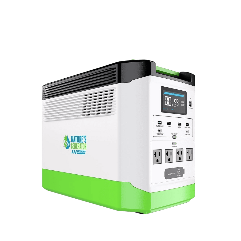 Green and white power station with digital display on a clear background