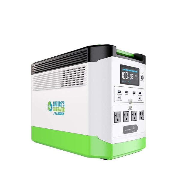 Power station with digital display and multiple outlets on a white background