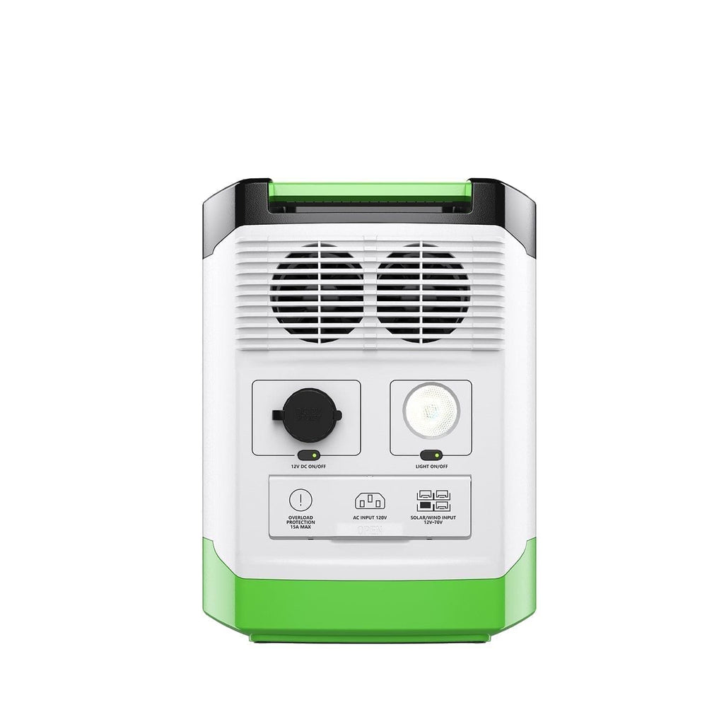 Portable air conditioner with green accents on a white background