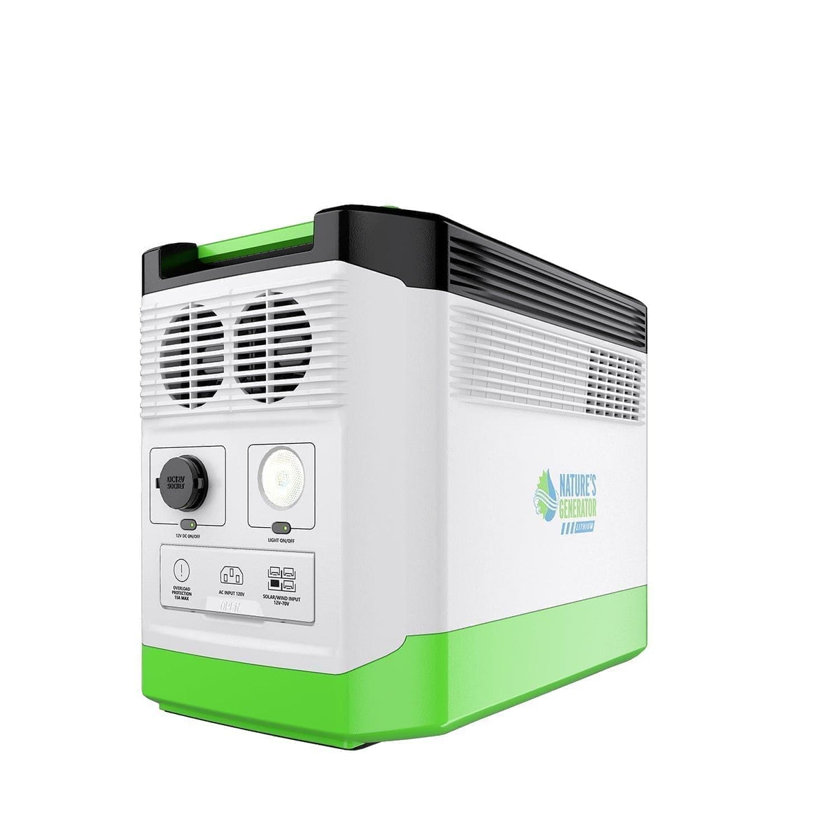 Portable air purifier with green and white design on a white background