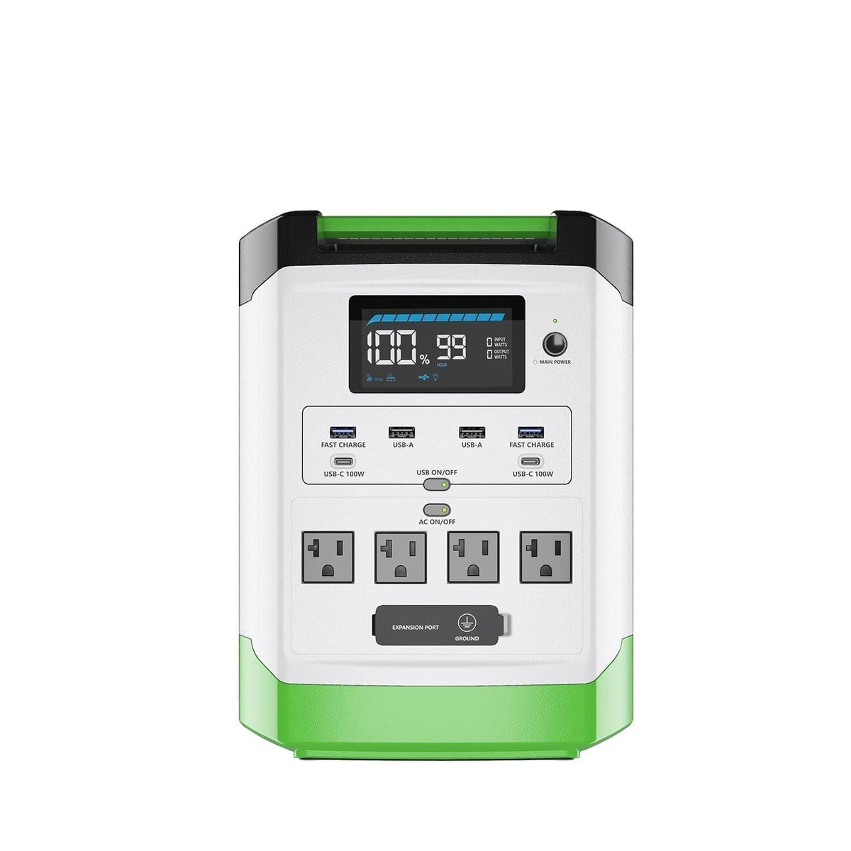 Power station with multiple outlets and a digital display on a white background