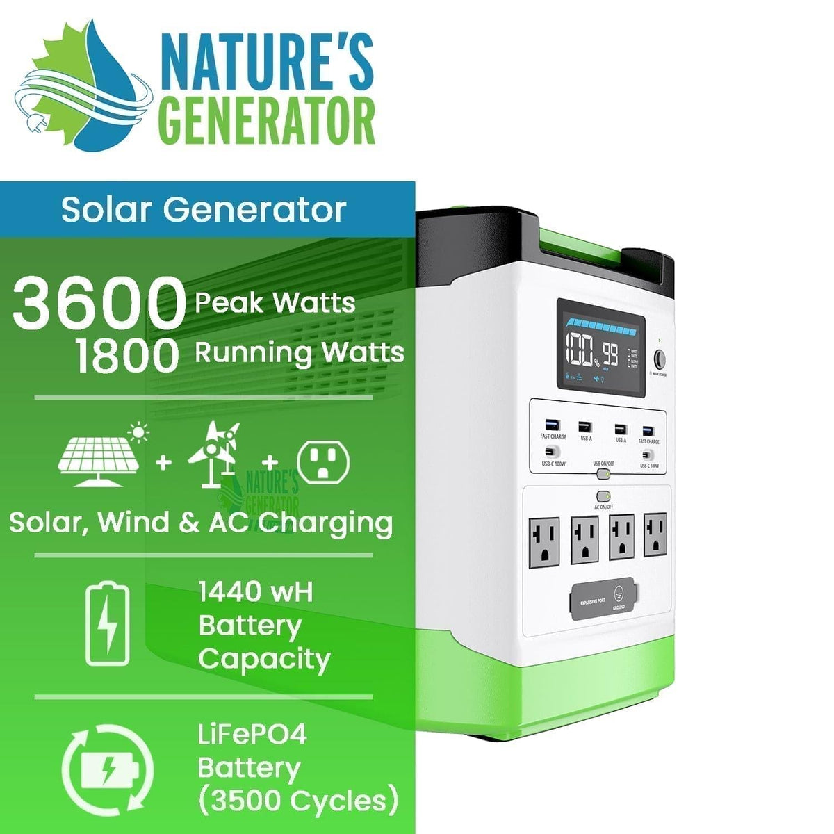 Solar generator with specifications on a white background, featuring 'Nature's Generator' brand.