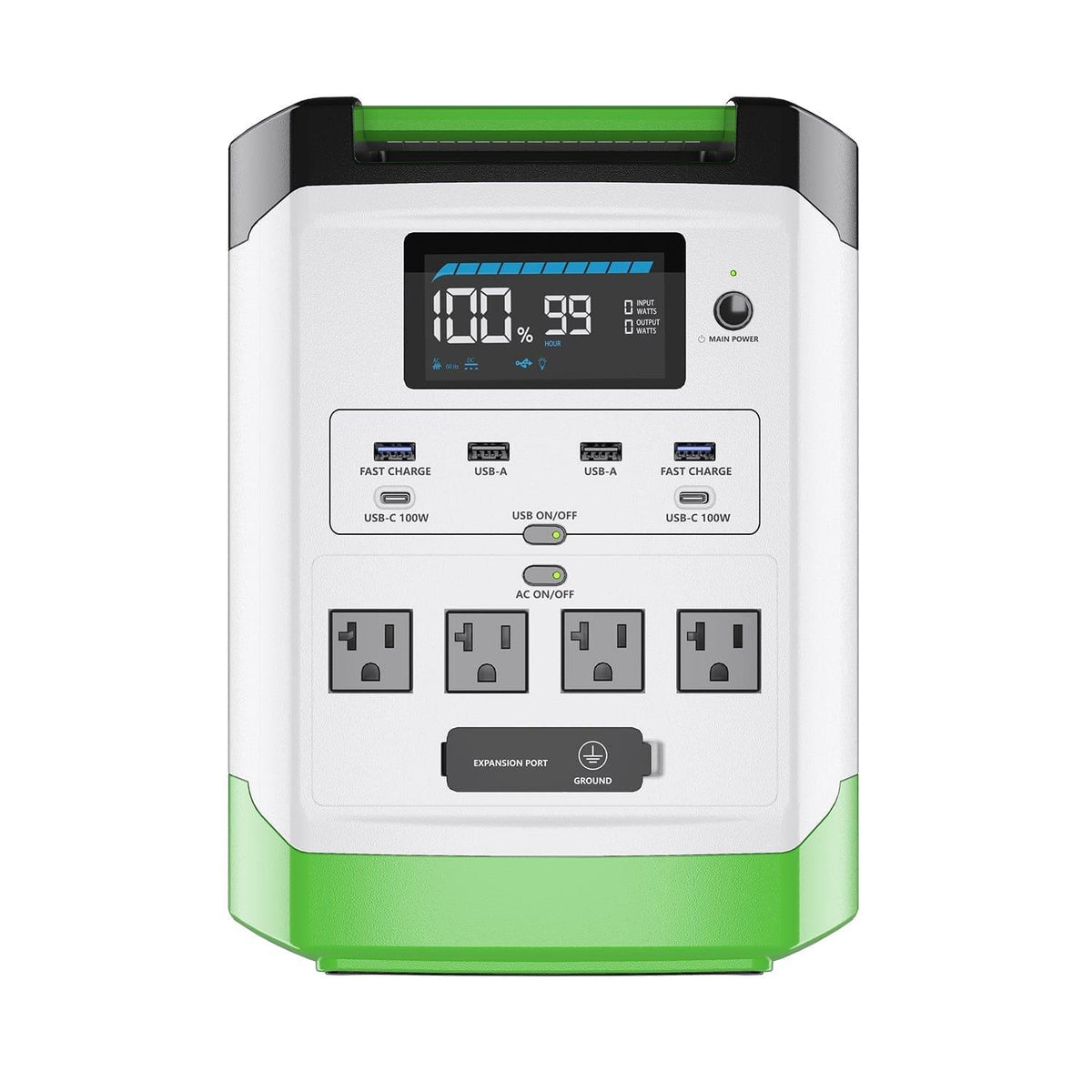 Power station with multiple outlets and charging ports on a white background