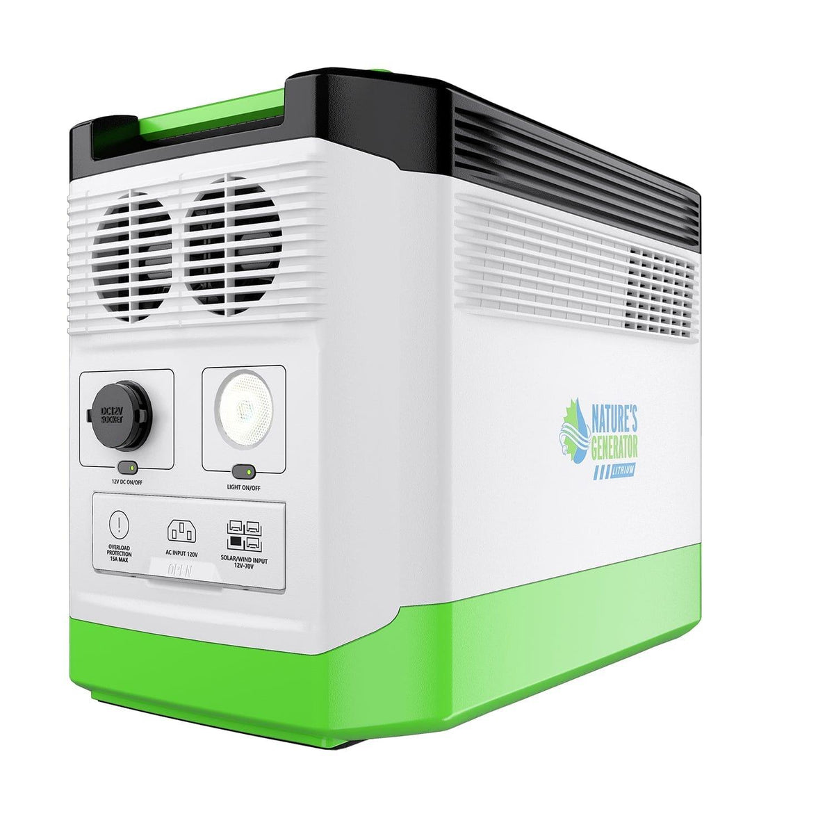Portable air purifier with green and white design on a white background