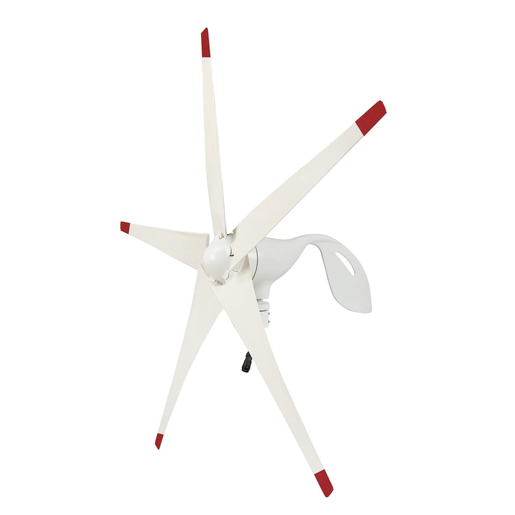 White wind turbine with red tips on a white background