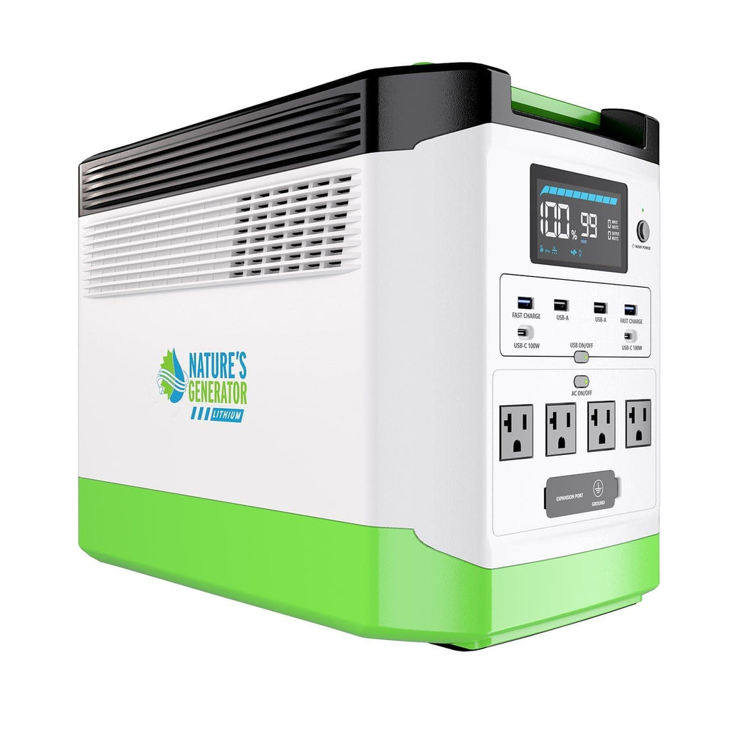 Power station with multiple outlets and a digital display on a white background, branded as 'Nature's Generator'.