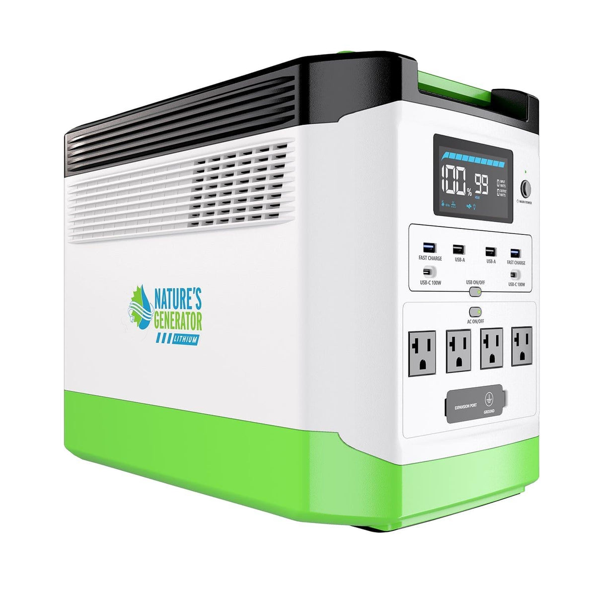 Power station with multiple outlets and a digital display on a white background, branded as 'Nature's Generator'.