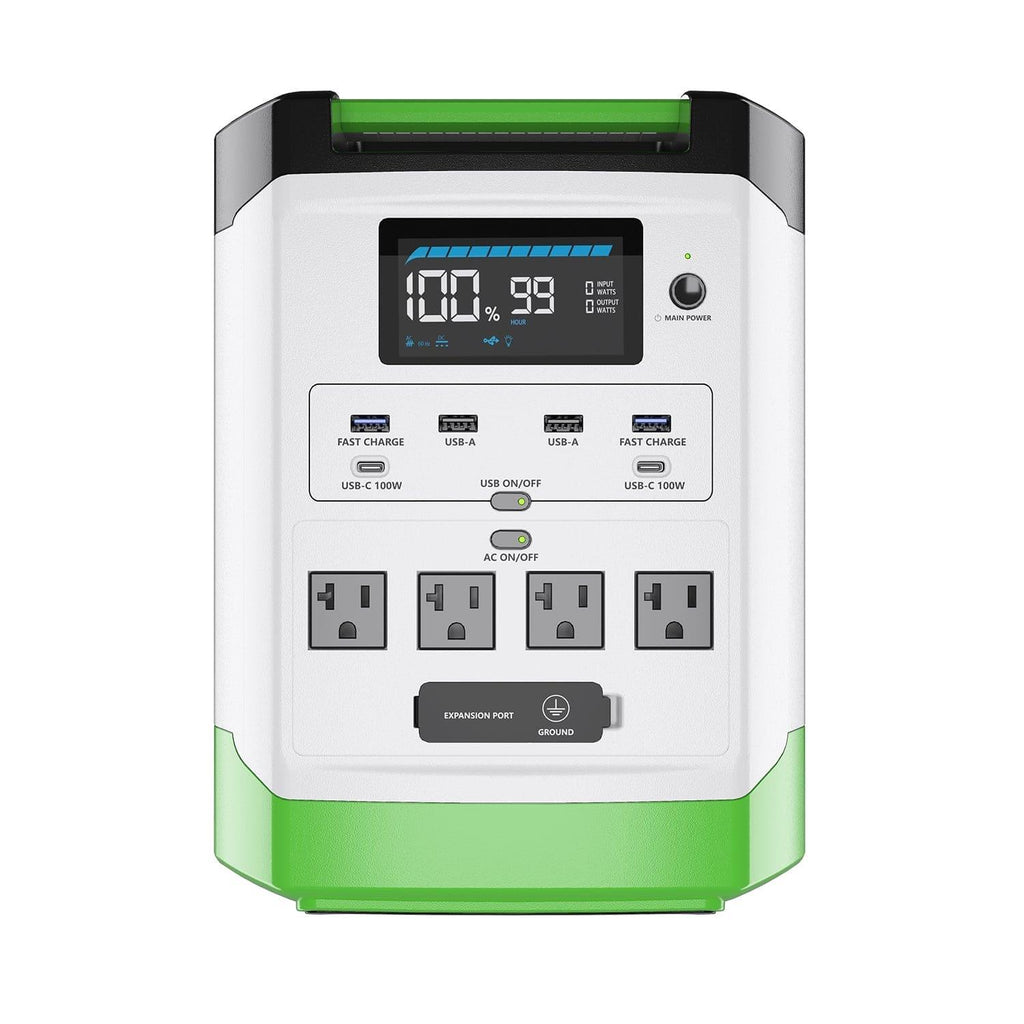 Power station with multiple outlets and charging ports on a white background