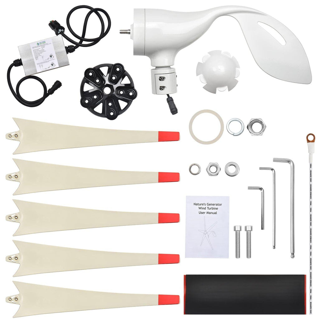 Collection of wind turbine components including blades, motor, and hardware on a white background