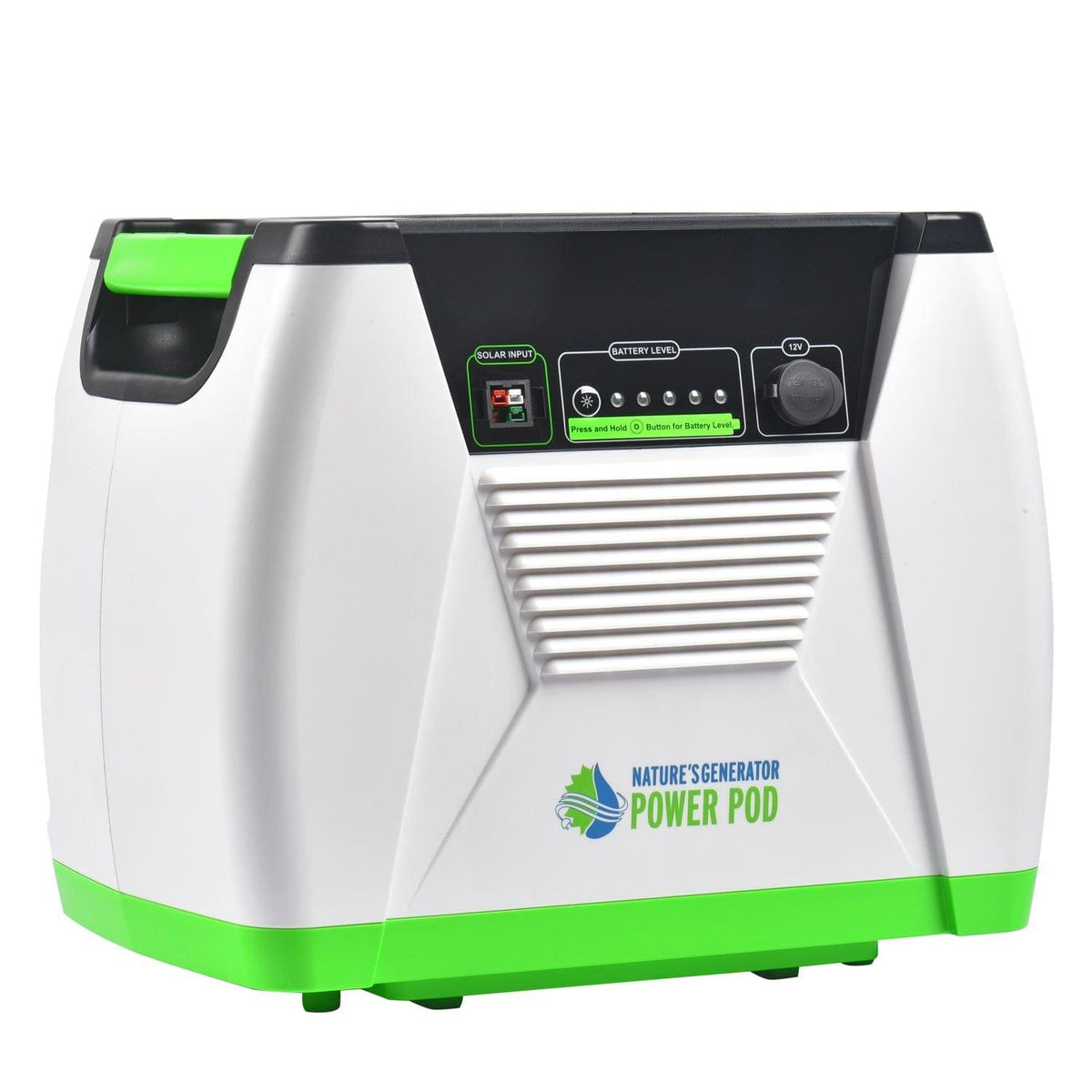 White and green power pod with visible branding on a white background