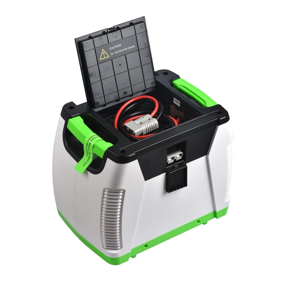 Portable power station with green accents on a white background