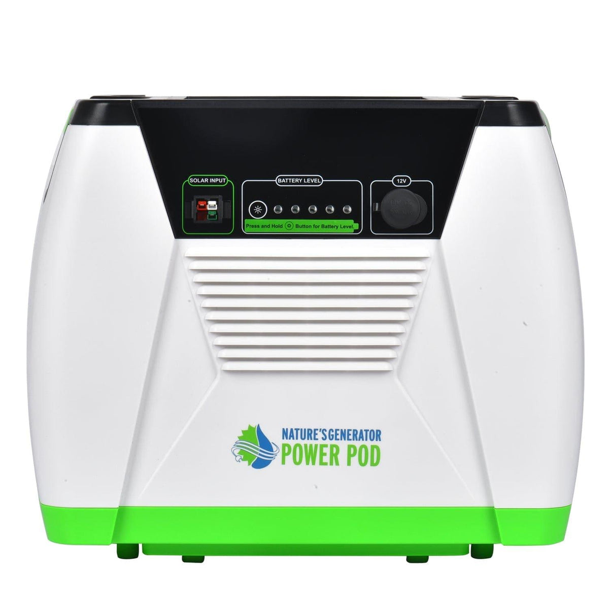 White and green power pod with 'Nature's Generator Power Pod' branding on a white background