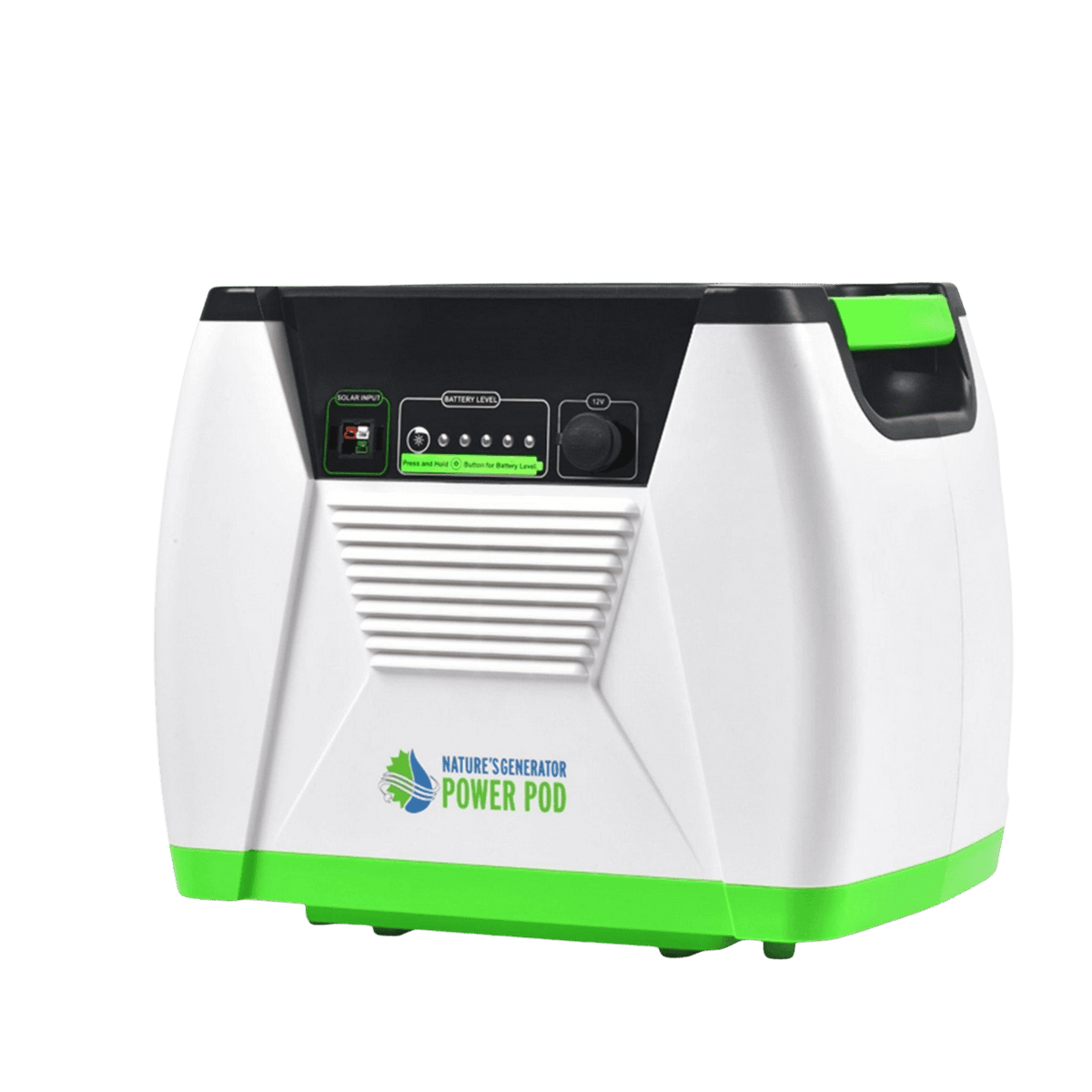 White and green power pod with 'Nature's Generator' branding on a transparent background