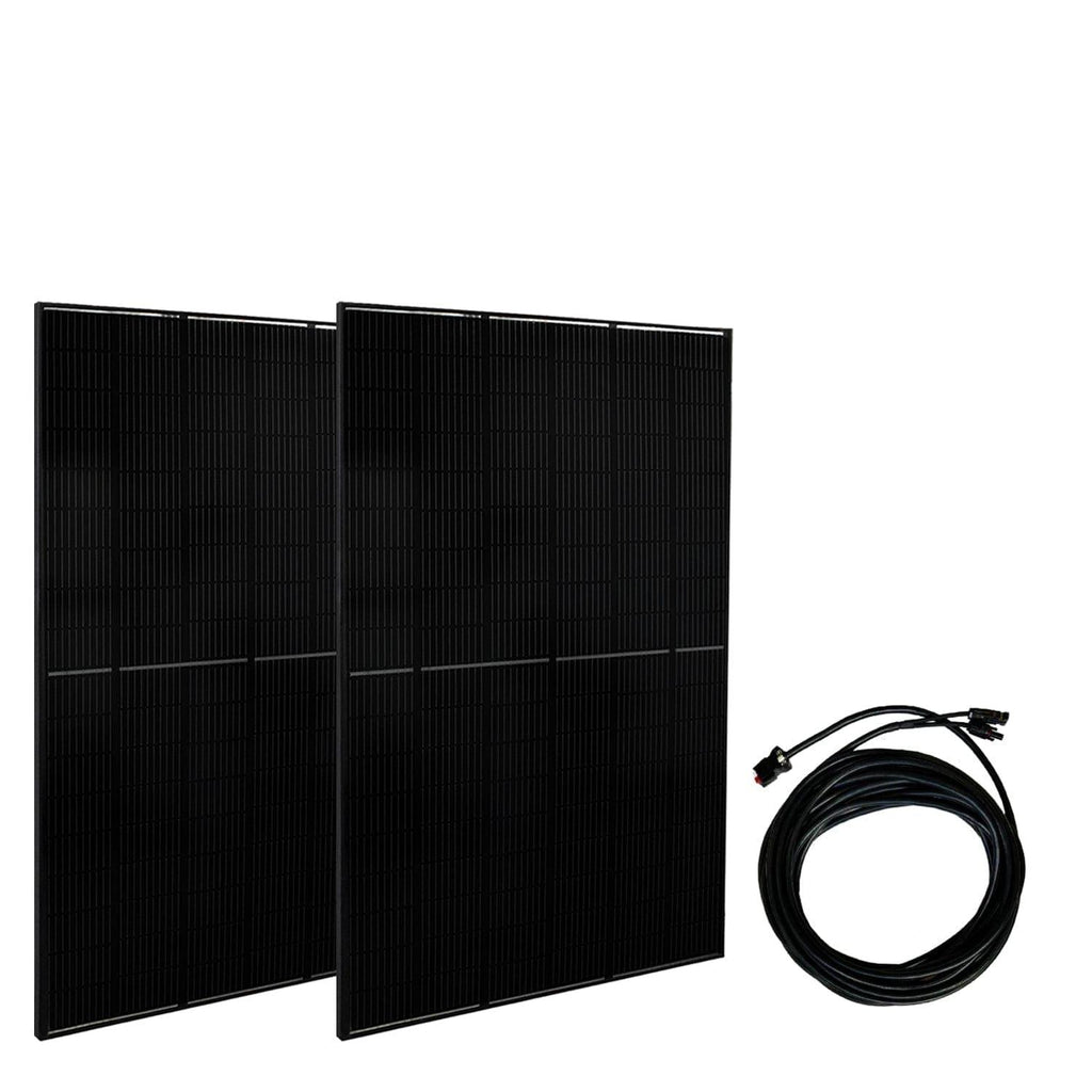 Two black solar panels with a cable on a white background