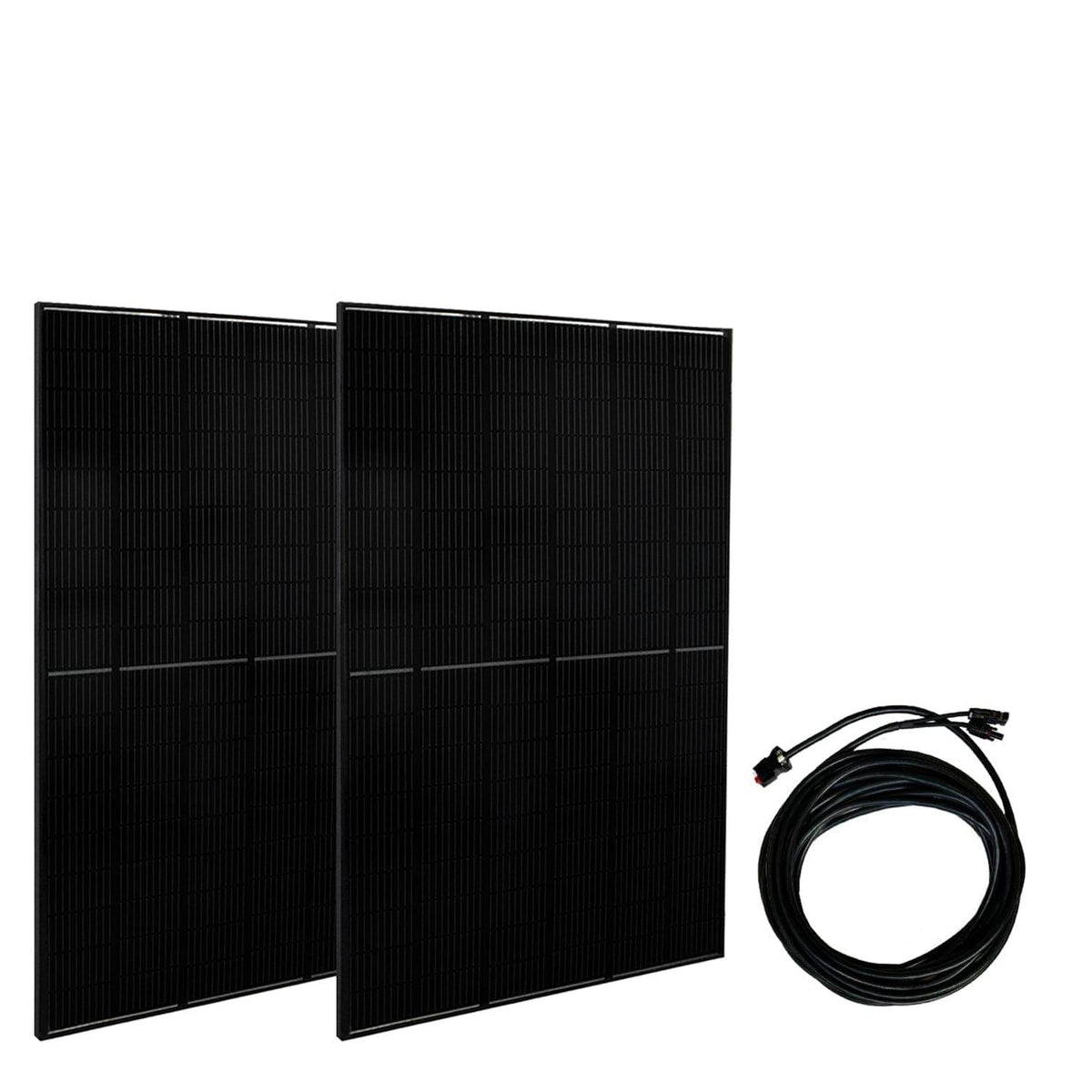 Two black solar panels with a cable on a white background