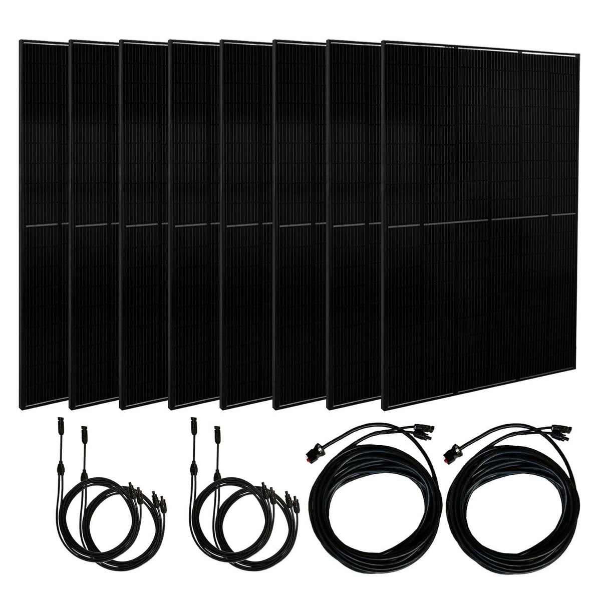 Set of black solar panels and cables on a white background