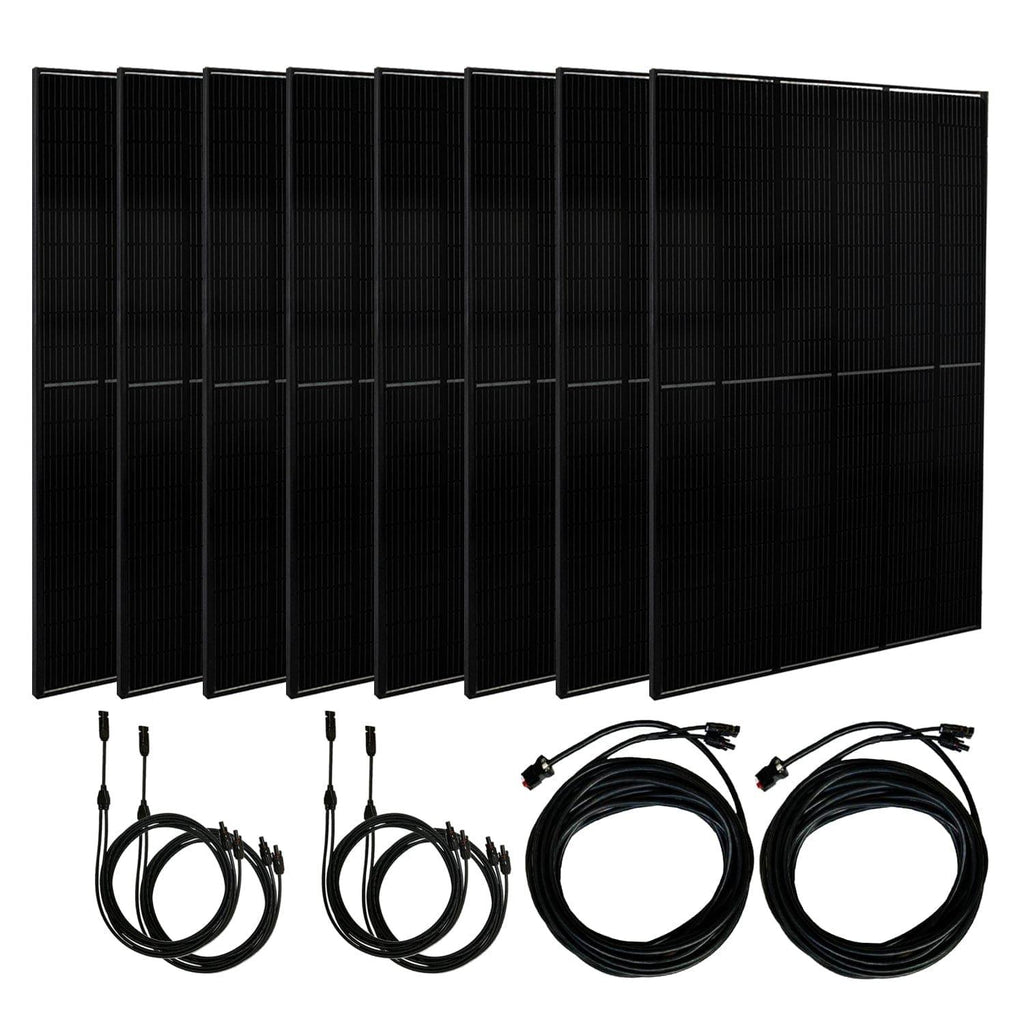 Set of black solar panels and cables on a white background