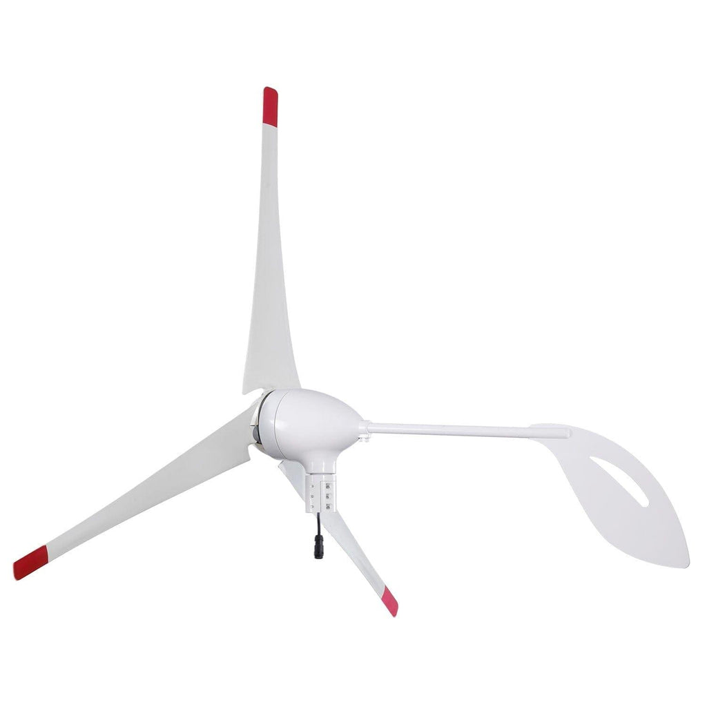 White wind turbine with red tips on a white background