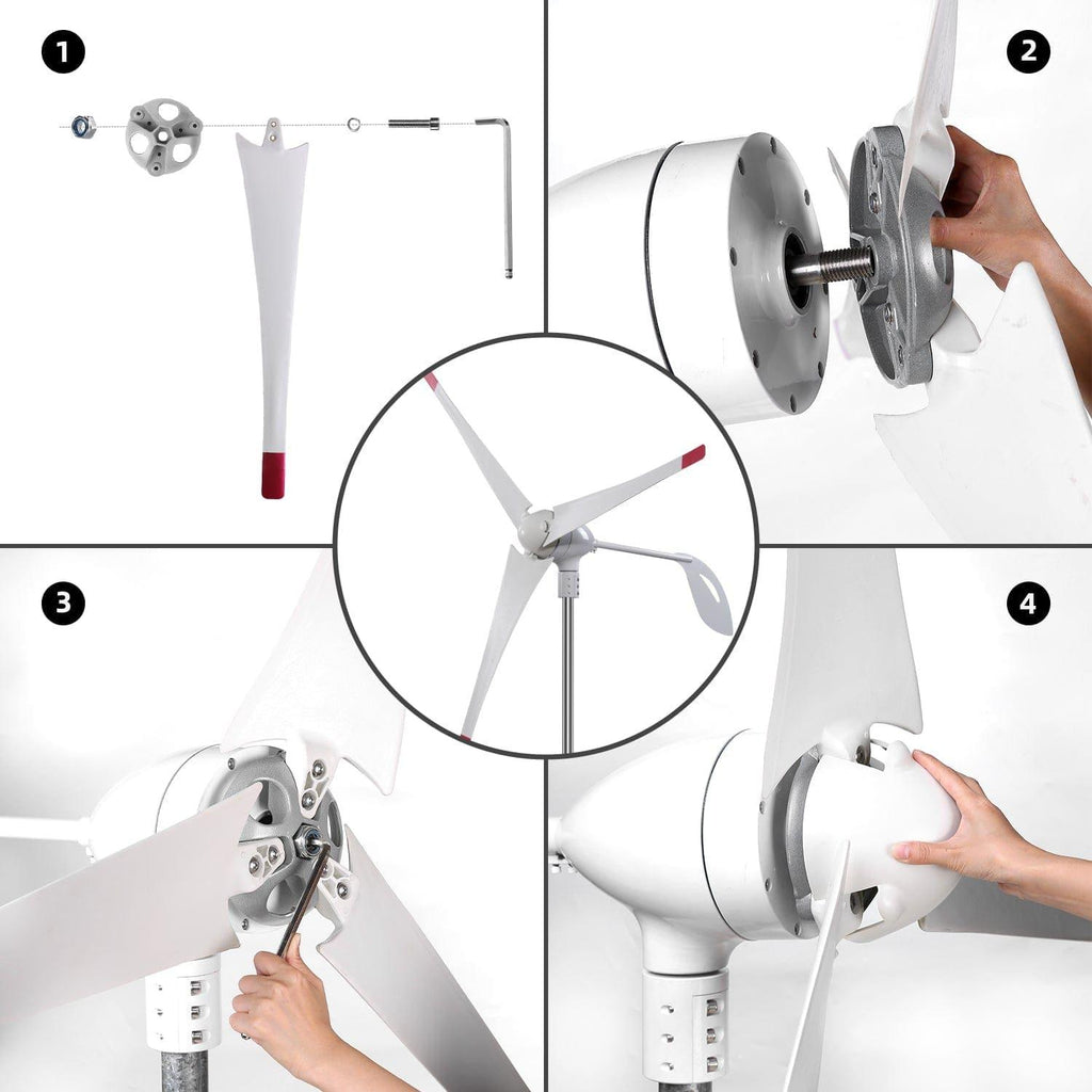 Step-by-step assembly diagram of a wind turbine with labeled parts.