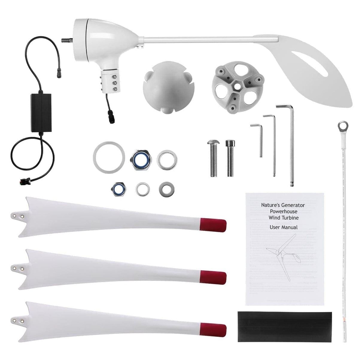 Collection of wind turbine parts including blades, housing, and components on a white background.
