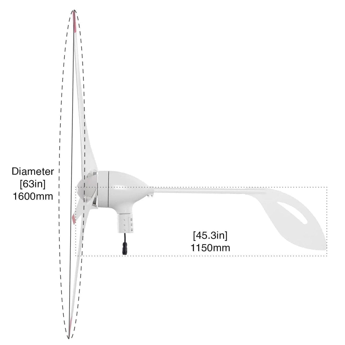 Measurement chart of a ceiling fan with labeled dimensions on a white background