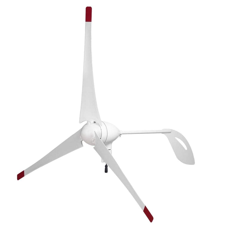 White wind turbine with red tips on a white background