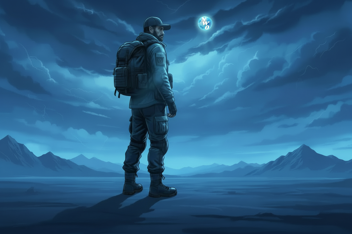 A tactical survivalist in full gear stands on a dark, desolate landscape under a dramatic stormy blue night sky, with the NWO globe appearing as a distant glowing planet among the storm clouds above.