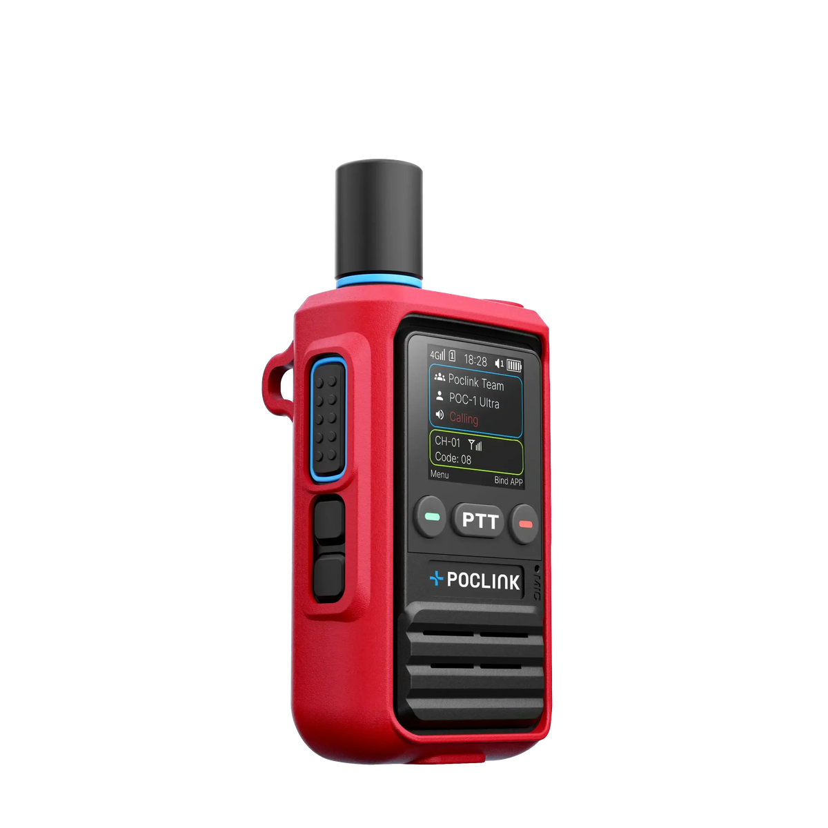 Red and black PoClink two-way radio on a white background