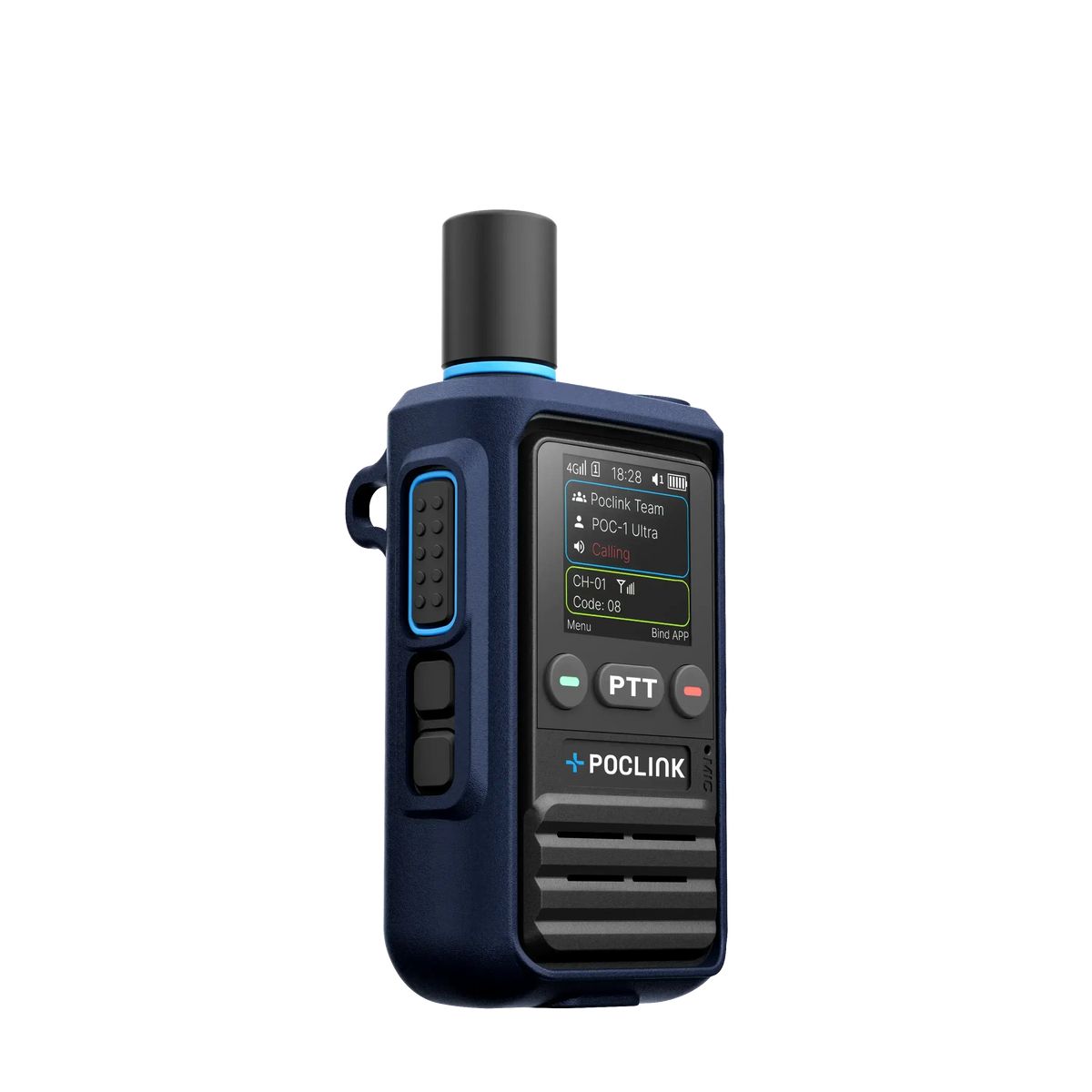 Blue and black walkie-talkie with screen on a white background