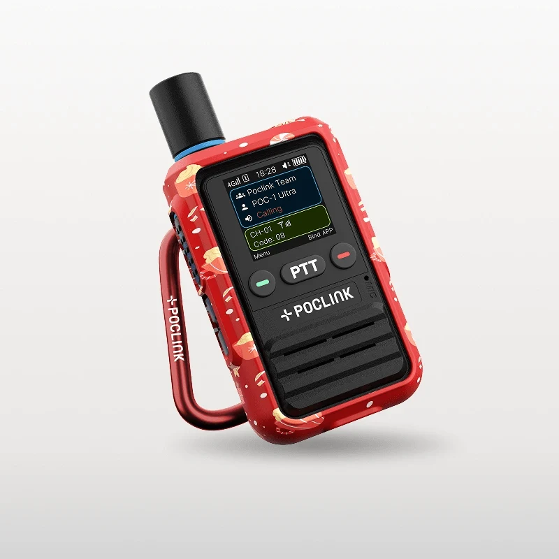 Red and black communication device with a visible brand logo on a light gray background