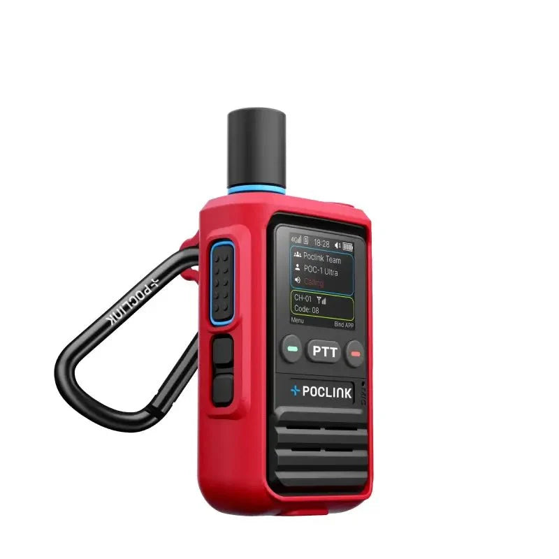 Red and black PoClink two-way radio on a white background