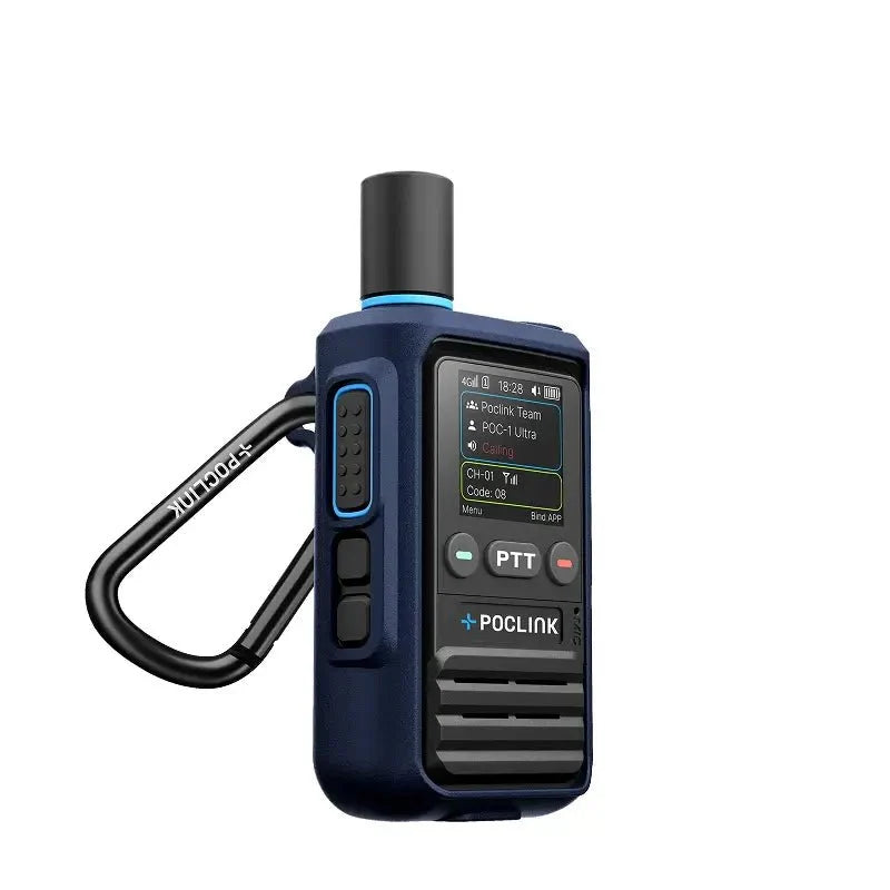 Blue walkie-talkie with a carabiner on a white background