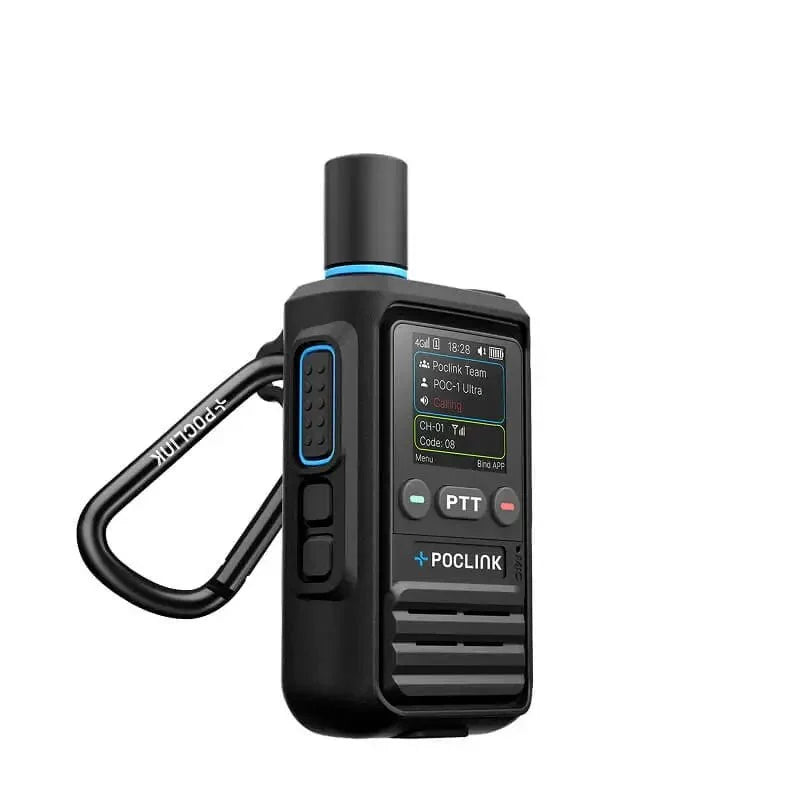 Black walkie-talkie with a carabiner on a white background